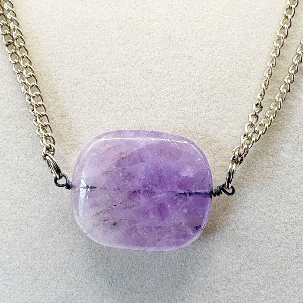 Silver Tone Purple Glass Stone Pendant Necklace 26”